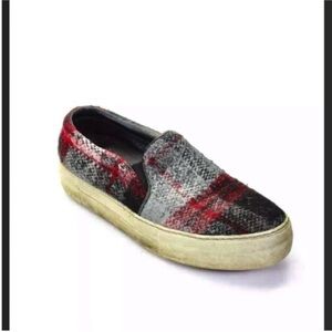 JOSHUA SANDERS WOMENS PLAID SLIP ON SNEAKERS RED BLACK GRAY WOOL SIZE 8